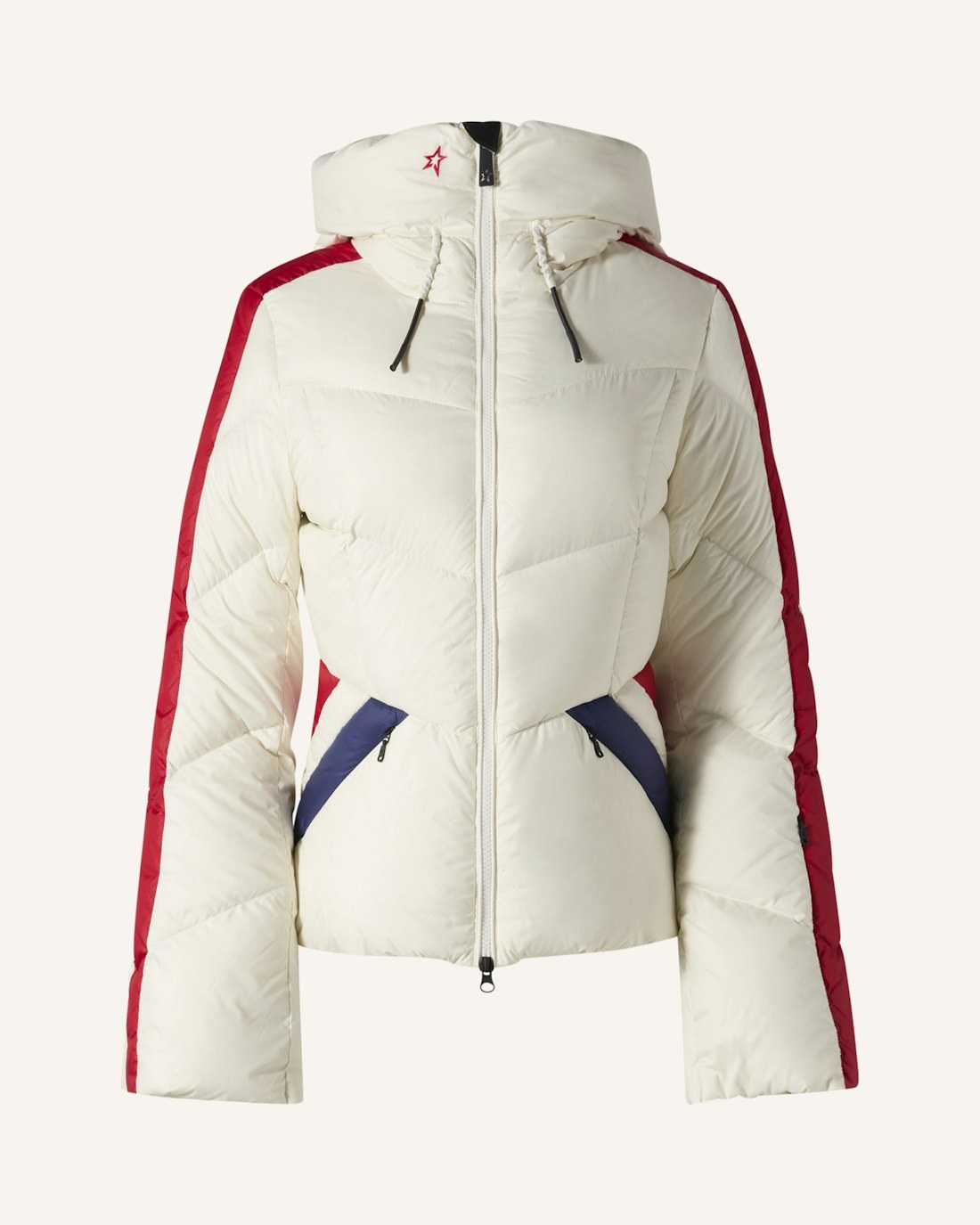 Perfect Moment Duvet Down Ski Jacket in snow white with red stripes