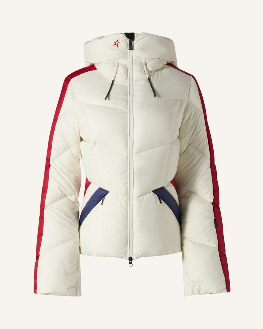 Perfect Moment Duvet Down Ski Jacket in cream with red and navy racing stripes down the sleeves and hood