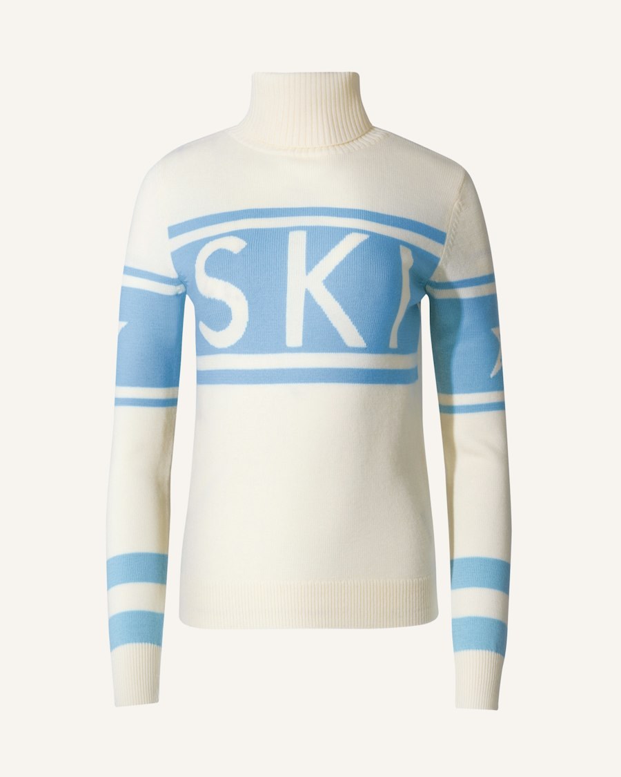 Perfect Moment Schild merino sweater in cream with light blue SKI lettering and stripes