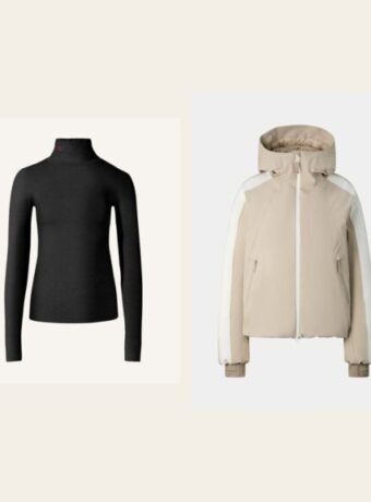 Four ski trip packing pieces side by side: a gray Stetson hat, a seamless thermal base layer top, a beige and white Bogner ski jacket and a cream merino ski sweater