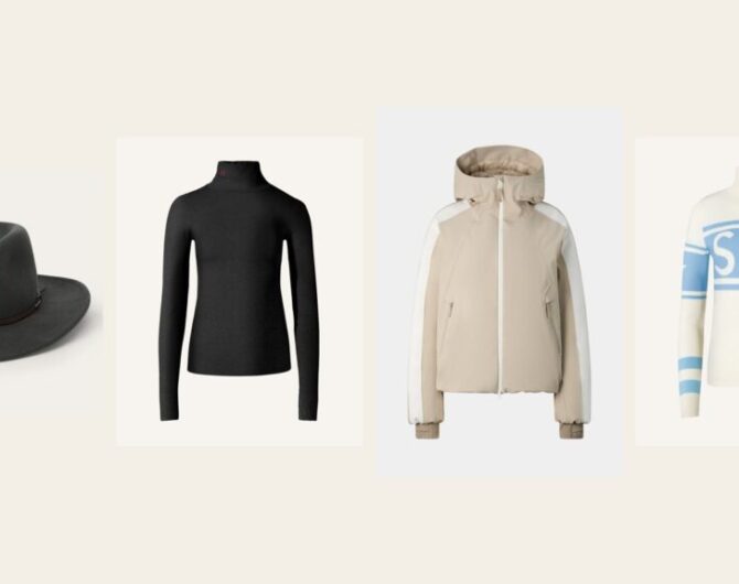 Four ski trip packing pieces side by side: a gray Stetson hat, a seamless thermal base layer top, a beige and white Bogner ski jacket and a cream merino ski sweater