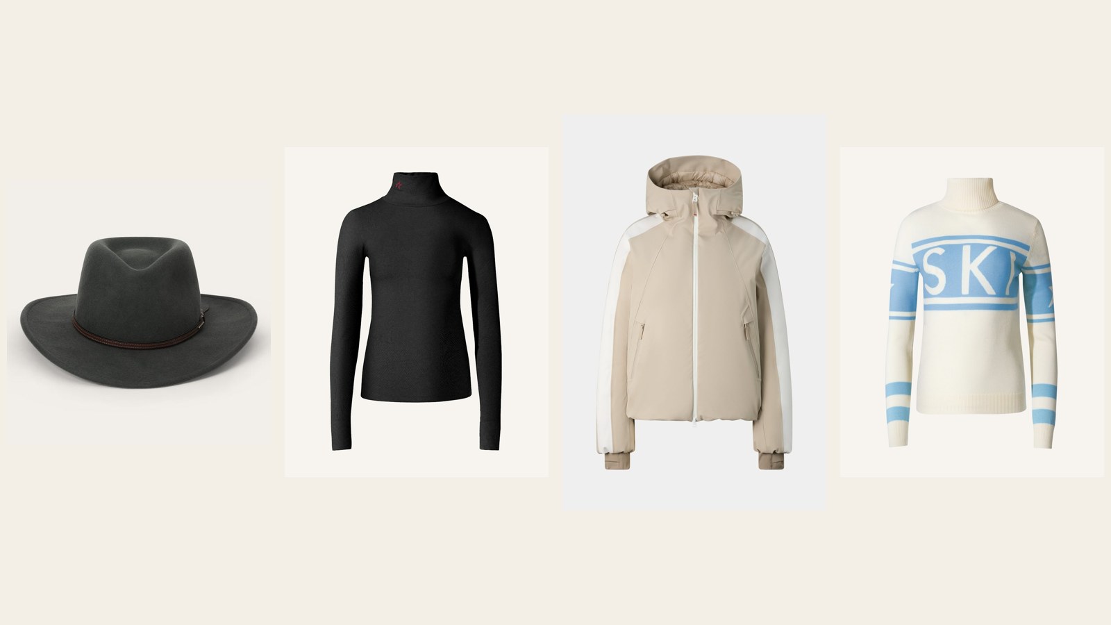 Four ski trip packing pieces side by side: a gray Stetson hat, a seamless thermal base layer top, a beige and white Bogner ski jacket and a cream merino ski sweater