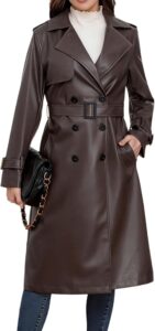 utcoco women's long brown faux leather trench coat, double-breasted with a self belt