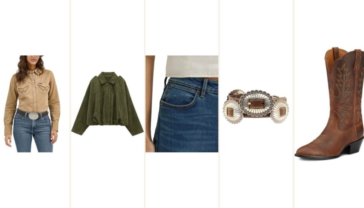 Western outfit hub collage of Texas western outfit pieces: Wrangler pearl snap shirt, faux suede cropped bomber, Wrangler Bold Boot bootcut jeans, Nocona concho belt, and Ariat Heritage cowboy boots