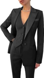 Black women's three-piece tuxedo suit with a satin peak lapel blazer, V-neck vest and straight trousers